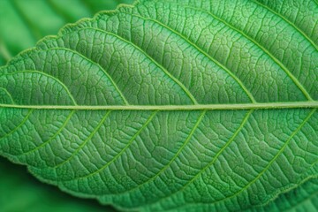 Fototapeta premium Macro close-up of vibrant green leaf with detailed veins and textures in natural light