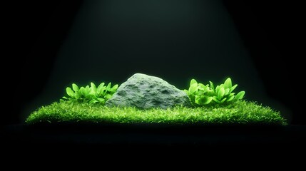 Fototapeta premium Green grass, stone, dark background, Nature scene with rock and plants