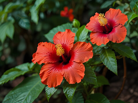 Red coloured joba ful , jhumko joba, Hibiscus Rosa Sinensis, at her home garden. 