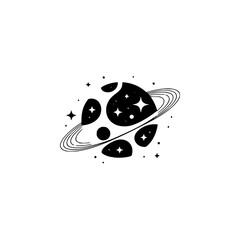 Minimalist Celestial Planet Logo, Black and White Illustration