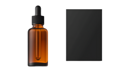 Amber dropper bottle with black cap and a black box isolated on a black background in studio shot