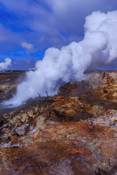 Steam rising from the Gunnuhver thermal springs, Reykjanes UNESCO Global Geopark, Reykjanes Peninsula, Iceland