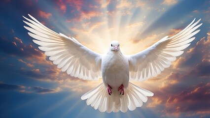 A white dove with outstretched wings soars gracefully against a backdrop of vibrant,