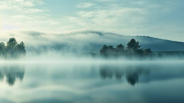 Misty Lake Serenity: A tranquil lake mirrors the misty landscape, with soft clouds hovering over the distant hills, creating a serene and ethereal atmosphere.