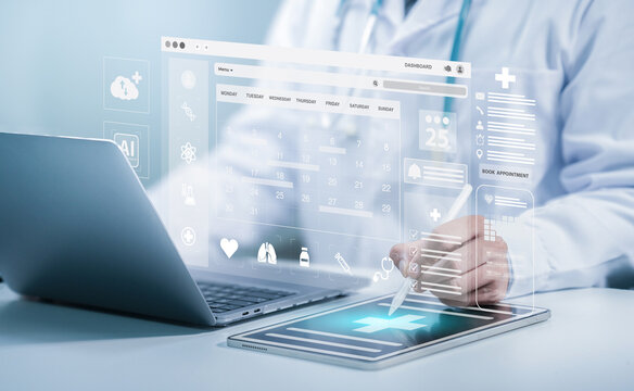 Medical checkup as annual doctor health test appointment concept. Medical worker with virtual digital calendar on laptop for plan treatment patient and follow up in hospital. Time management. schedule