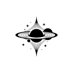 Celestial Minimalist Icon: Black Planets, Stars, and Geometric Lines on White