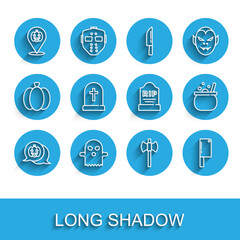 Fototapeta premium Set line Pumpkin, Ghost, Wooden axe, Meat chopper, Tombstone with cross, Halloween witch cauldron and RIP written icon. Vector
