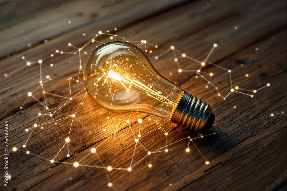 Poster Illuminated light bulb with glowing network connections on rustic wooden surface.