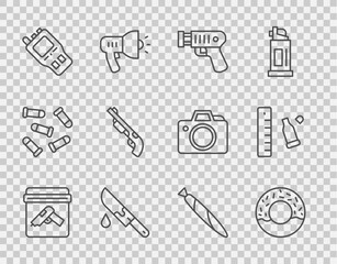Set line Evidence bag with gun, Donut, Police electric shocker, Bloody knife, Walkie talkie, shotgun, Marijuana joint and Bullet casing ruler icon. Vector