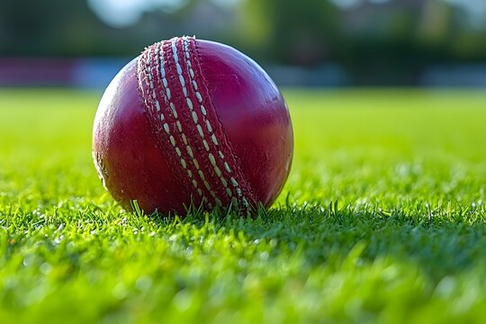 Red cricket ball on green field.