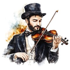 A Watercolor Painting of a Bearded Man in a Top Hat Playing the Violin.