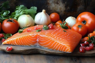 Raw salmon fillet with vegetables and spices on wooden table garlic tomato lemon