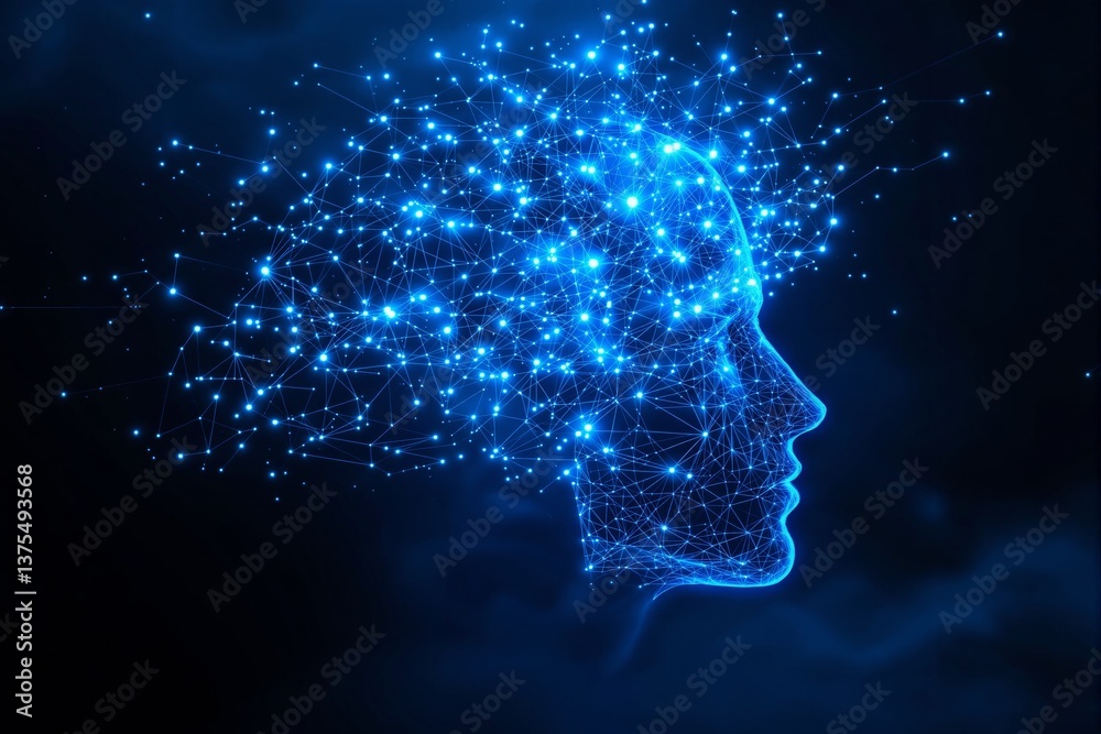 Poster digital human head with glowing neural network connections.