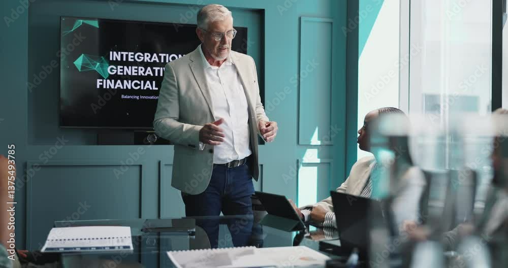 Aufkleber Presentation, meeting and mature businessman in office with integration of generative AI on financial service. Discussion, screen and speaker with bankers for tech development to detect finance fraud