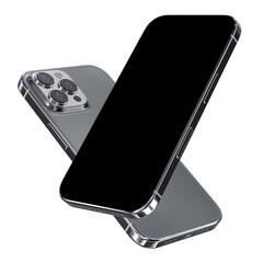 Two smartphones mockup with black screen and camera module. The blank display area for app screenshots and website advertisement. 3d render