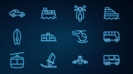 Set line Bus, Scooter, Tram and railway, Surfboard, Car, Helicopter and Cargo ship with boxes delivery icon. Vector