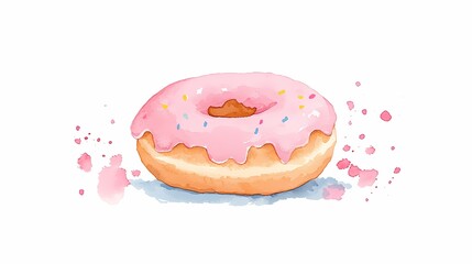 Pink Glazed Donut Watercolor, Delicious pink donut with sprinkles, watercolor style.