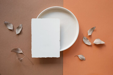 Overhead view of a piece of white deckle edge card on a ceramic plate with dried decorative leaves on a table