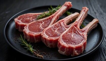 Close up of raw lamb chops on a black plate with rosemary and peppercorns ready to be cooked
