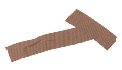 Isolated T-shape torn brown bactericidal plaster on white background, copy space