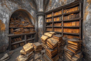 Obraz premium Centuries-old bookstore with weathered books and historical charm in a forgotten space