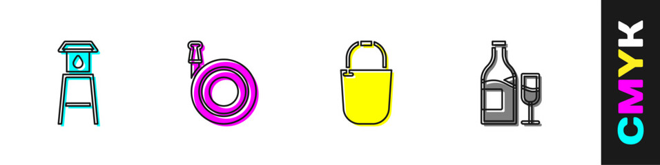 Set Water tower, Garden hose, Bucket and Wine bottle with glass icon. Vector