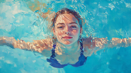 Sunlight dances on the water as the swimmer surges forward, her focused expression and streamlined form a testament to discipline and passion for the sport.