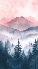Watercolor of landscape forest misty mountains horizon and fog and hills,pine tree fir tree,Autumn forest background,drawn by hand,Autumn illustration design elements for landscape,wallpaper.