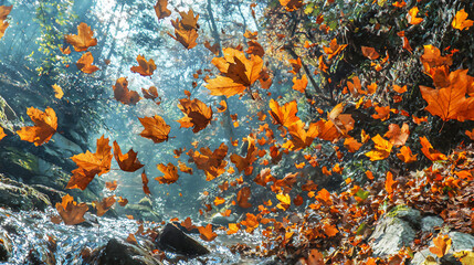  vibrant autumn leaves floating on a creek