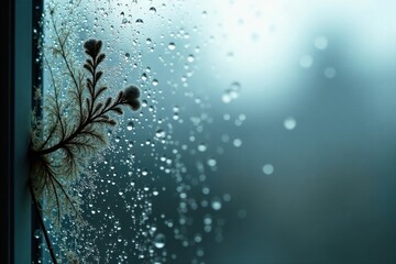 Obraz premium A delicate sprig pressed against a rain-streaked pane, a poignant study in contrast and texture, evoking a sense of quiet contemplation and the ephemeral beauty of nature's resilience