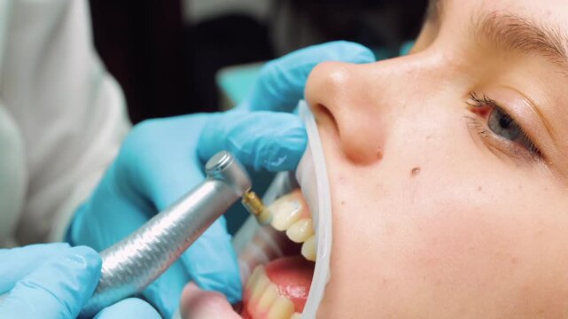 A teenage girl is undergoing professional dental cleaning with a mouth retractor during fitting clear aligners procedure in a modern dental clinic