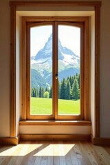 Fototapeta premium A Mountain Vista Through a Wooden Window Frame, Illuminating a Sunlit Room with Warm Wood Flooring