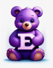 Illustration of cute purple teddy bear with letter E. Baby name reveal after child birth. Stuffed animal on white background