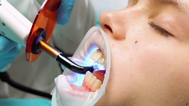 A close-up of a dental procedure where a dentist uses a UV curing light to harden adhesive on a patients teeth, part of the preparation process for applying clear aligners in an orthodontic treatment