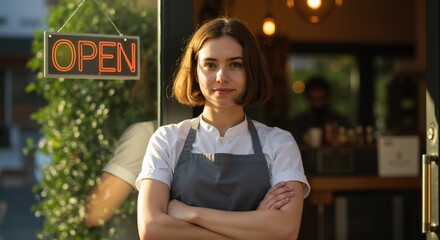 Confident female business owner standing in front of cafe with neon open sign. Woman in gray shirt and apron with crossed arms at day. Small business and entrepreneurship concept. Restaurant opening