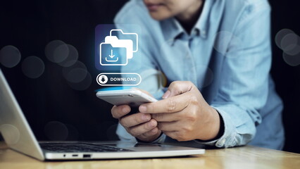 Businessman use smartphone to download organizational information or documents. cloud storage technology, backup cyber security system.