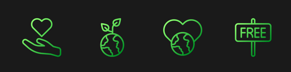 Set line The heart world - love, Heart in hand, Volunteer team planting trees and Free sign. Gradient color icons. Vector