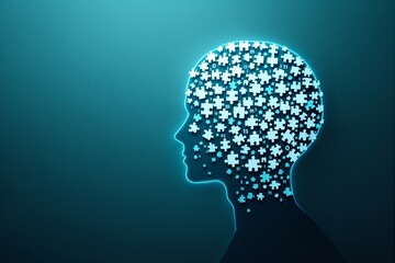 Human head silhouette with glowing puzzle pieces forming the brain.