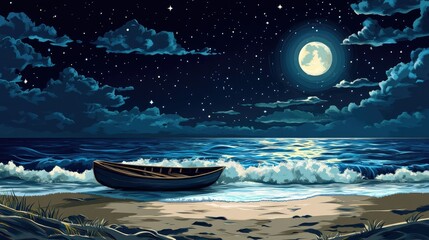 A serene night scene depicting a wooden rowboat resting on the shore