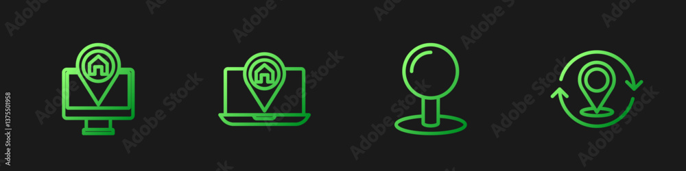 Poster set line push pin, monitor with map location, city navigation and map. gradient color icons. vector