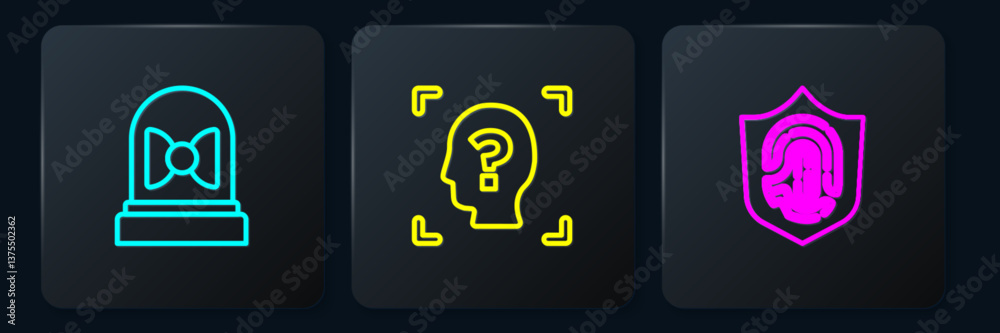 Poster set line motion sensor, fingerprint in shield and face recognition. black square button. vector