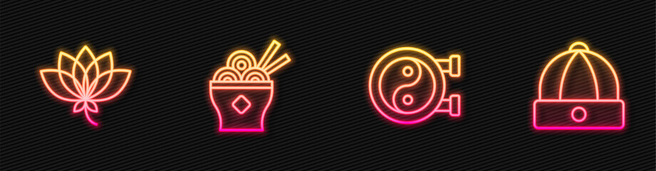 Set line Yin Yang symbol, Lotus flower, Asian noodles bowl and Chinese hat. Glowing neon icon. Vector