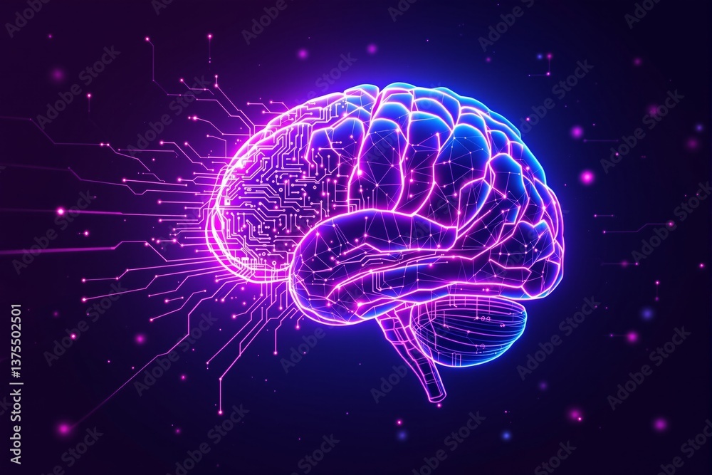 Poster futuristic digital brain with glowing circuits on dark background.