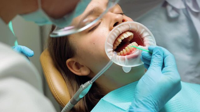 A dentist applies dental adhesive to a teenage patient's teeth using a precision applicator as part of the preparation process for aligner placement during an orthodontic procedure in a modern dental