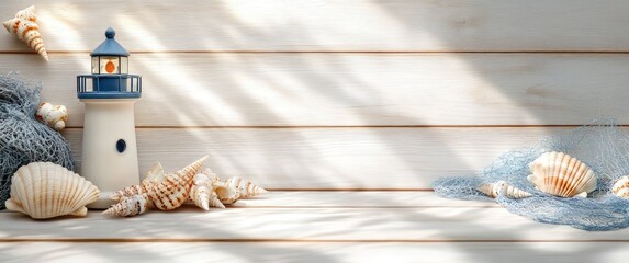 Top view nautical seashell lighthouse decoration on white wooden table with natural sunlight and shadows
