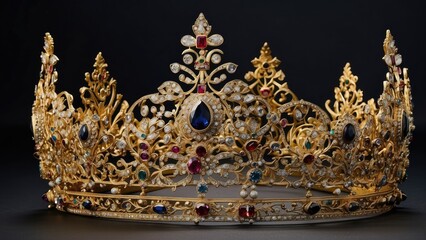 Obraz premium A luxurious golden crown adorned with red velvet and embellished with pearls and red gemstones.