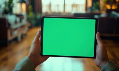 Mockup image of man holding digital tablet with bright green screen in modern living room