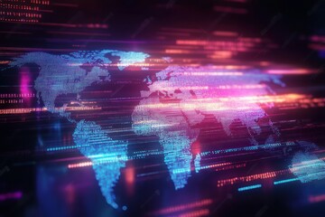Futuristic Digital Art Glowing World Map Pixel Grids Programming Code Cyberpunk Theme Abstract Sci-Fi Background