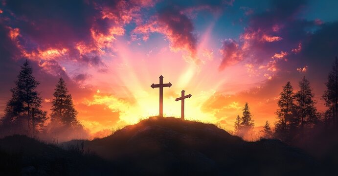 Three Crosses on a Hill at Sunrise with Dramatic Light Rays and Soft Colorful Clouds