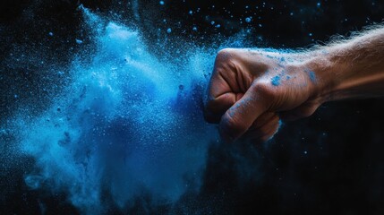 Fototapeta premium A strong hand punches forward, releasing a dramatic explosion of vibrant blue powder against a dark background.